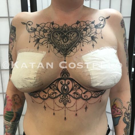 Chest piece and underboob tattoo by Katan Costello two hearts tattoo cardiff Wales UK for bookings email- twoheartstattoo@yahoo.com  #tattoo #hearttattoo #chestpiece #underboobtattoo #ink #sexytattoo Two Hearts Tattoo, Hearts Tattoo, Jewel Tattoo, Underboob Tattoo, Cool Chest Tattoos, Pieces Tattoo, Cardiff Wales, Chest Tattoos For Women, Chest Piece Tattoos