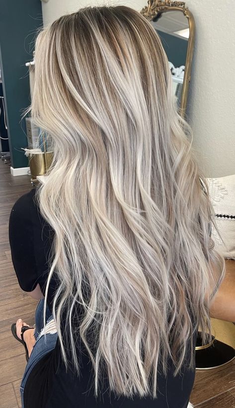 Shadow Root With Platinum Blonde, Dimensional Blonde Long Hair, Blonde Balayage With Extensions Long Hair, Icy Blonde Balayage Long Hair, Bright Blonde Hair With Root Smudge, Ash Blonde Dimensional Hair, Blonde Hair Color Ideas Dark Roots, Cold Blonde Hair Highlights, Bright Blonde With Dark Roots