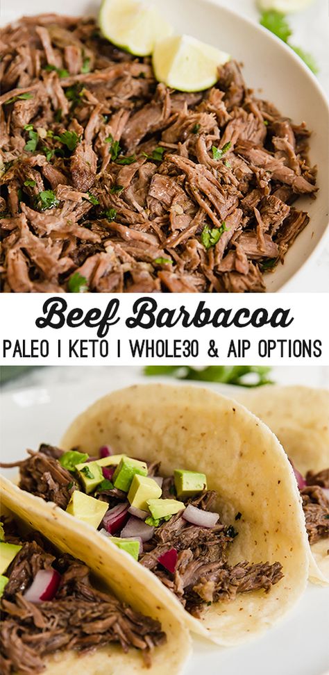 This slow cooker barbacoa is an easy and delicious protein to add to burrito bowls, or make into tacos! The barbacoa is paleo, keto, whole30 compliant, and can be adapted to be AIP. Paleo Menu, Unbound Wellness, Slow Cooker Barbacoa, Paleo Slow Cooker, Taco Time, Barbacoa Beef, Paleo Beef, Burrito Bowls, Autoimmune Paleo