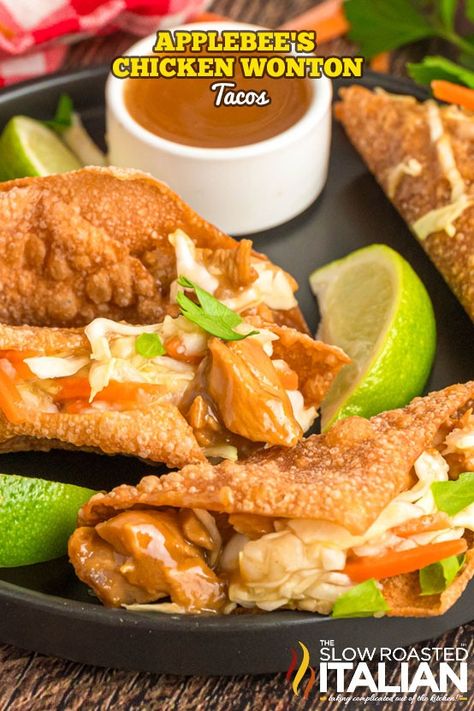 Chicken Wonton Tacos (Applebee’s Copycat!) - The Slow Roasted Italian Wonton Taco Shells, Wonton Chicken, Chicken Wonton Tacos, Wonton Tacos, Spicy Queso, Slow Roasted Italian, Chicken Wontons, Crispy Wonton, Quick Meal Prep