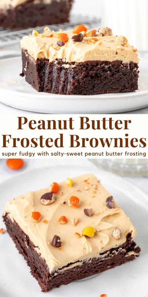 These peanut butter frosted brownies have the perfect combo of chocolate and peanut butter. The brownies are moist and chewy with a delicious chocolate flavor, and the peanut butter frosting is salty, sweet and super creamy. Top them with a few Reese's Pieces or peanut butter cups. #peanutbutterfrosting #brownies #chocolatebrownies #peanutbutter #peanutbutterfrostingforbrownies #fudgebrownies from Just So Tasty Reeses Pieces Brownies Recipe, Frosting Recipes For Brownies, Peanut Butter Brownie Cake, Peanut Butter Baking Recipes, Brown Butter Brownies Recipe, Reeces Brownie Recipes, Reeses Pieces Dessert Recipes, Peanut Butter Chocolate Recipes, Easy Chocolate Peanut Butter Desserts