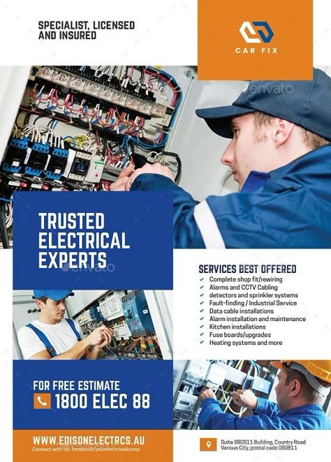 Electrician and Electrical Services Flyer Electrical Services Flyer, Electrician Flyer, Services Flyer Design, Law Logo, Electrical Services, Car Fix, Job Vacancy, Electric Company, Kitchen Installation