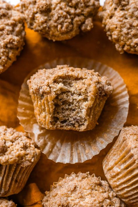 Sourdough Roasted Pumpkin Banana Muffins combine the deliciousness of sourdough with the rich, sweet flavors of roasted pumpkin and ripe banana. These fluffy muffins include pecans and a cinnamon brown sugar crumble topping. Sourdough Banana Pumpkin Muffins, Brown Sugar Crumble Topping, Muffins With Pecans, Sourdough Boule Recipe, Sourdough Bun Recipe, Fluffy Muffins, Pumpkin Banana Muffins, Sourdough Muffins, Pumpkin Banana Bread