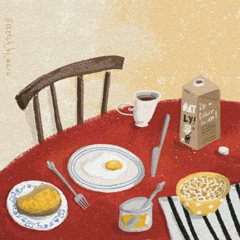 Breakfast Table Illustration, Food Moodboard, Breakfast Illustration, Breakfast Art, Peaceful Morning, Cartoon Style Drawing, Instagram Breakfast, Food Table, Breakfast Table