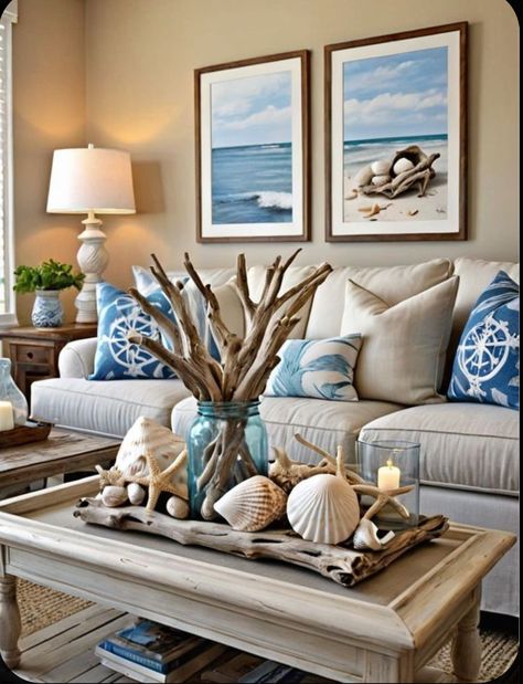 Beachy Living Room Ideas, Coastal Chic Living Room, Beachy Living Room, Driftwood Centerpiece, Coastal Decorating Living Room, Beach Living Room, Beach House Living Room, Beach House Interior Design, Haus Am See