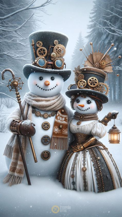 Meet the charming Steampunk snowman and his elegant wife, a frosty couple with gears and grace, bringing winter enchantment to life. Cute Christmas Wallpaper Aesthetic, Couple Christmas Wallpaper, Steampunk Nutcracker, Steam Punk Christmas, Steampunk Snowman, Female Snowman, Couple Phone Wallpaper, Steampunk Wallpaper, Outside Aesthetic