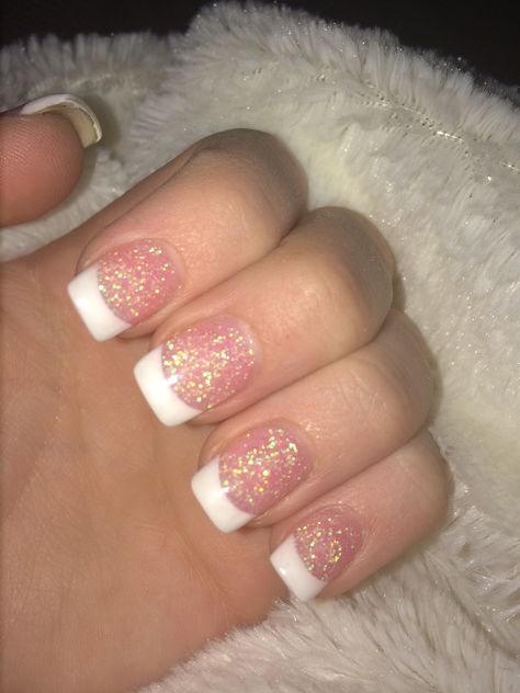 Sparkly Pink Tip Nails, Nails Light Pink And White, Sparkle Winter Nails, Nails Light Pink, Jazzy Nails, Pink Tip Nails, Glitter French Tips, French Manicures, Acrylic Toes