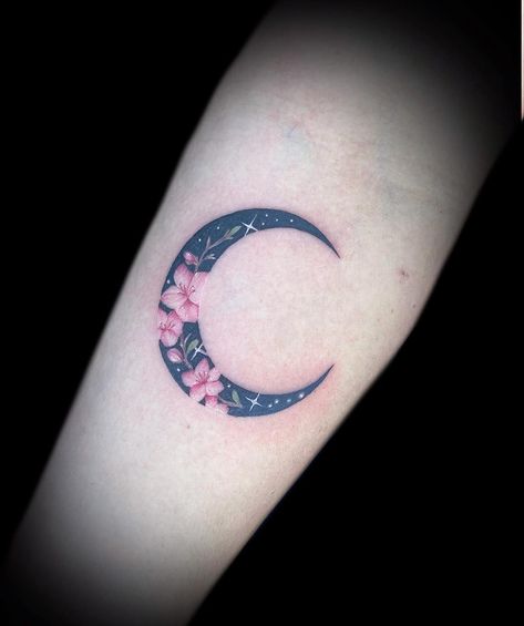 A mini cherry blossom moon 🌸🌔 - Kinsey Kellogg Tattoos Cherry Blossom Tattoo, Blossom Tattoo, Tattoo Portfolio, Cherry Blossom, Tatting, Blossom, Cherry, Portfolio, Moon