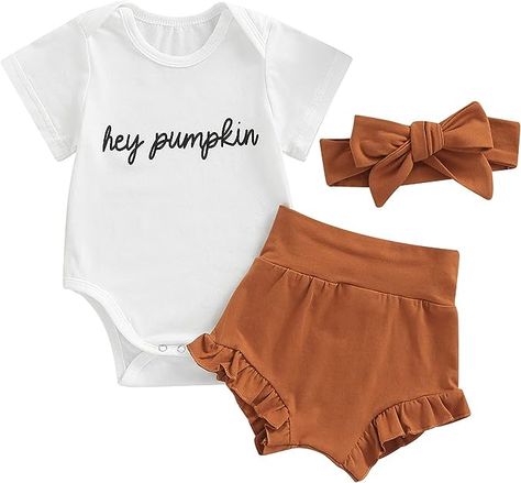 Infant Baby Girl Halloween Outfits - Hey Pumpkin Print Romper Bodysuit Ruffle Shorts Set Headband Fall Clothes affliate link Hey Pumpkin, Baby Costumes Girl, Girls Halloween Outfits, Pumpkin Outfit, Fall Baby Clothes, Infant Baby Girl