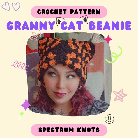 **THIS IS NOT A PHYSICAL ITEM! This is a compressed digital file, available for purchase and download, to create your own Granny Cat Beanie. Once the listing is purchased, you will receive a link for download of the pattern. You will not receive a physical item Create your own Granny Cat Beanie using the pattern designed by Spectrum Knots! This pattern is written for beginner to advanced crocheters, using a Granny Square technique. If you have any questions, please feel free to send me a message through Etsy, Instagram or Facebook. I have several technique videos and would be happy to share them with you!  Sizes Included in Pattern: Adult Unisex Sizes (child size pattern is under construction) Yarn Used in Pattern: Medium/Weight 4 Yarn Skill Level: Beginner to Advanced Cat Beanie Crochet Pattern Free, Beanie Pattern Crochet, Crochet Pattern Granny Square, Pattern Granny Square, Cat Ear Beanie, Crochet Beanie Pattern Free, Ear Beanie, Beanie Crochet Pattern, Cat Eared Beanie