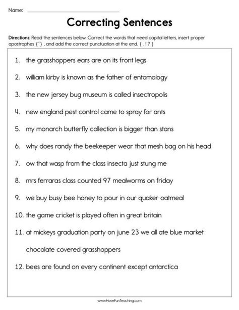 Capitalization - Have Fun Teaching Punctuation Worksheets Grade 4, Sentence Correction Worksheets, Capitalization Worksheets, 7th Grade Writing, Sentences Worksheet, Punctuation Worksheets, Run On Sentences, Sentence Correction, Good Grammar