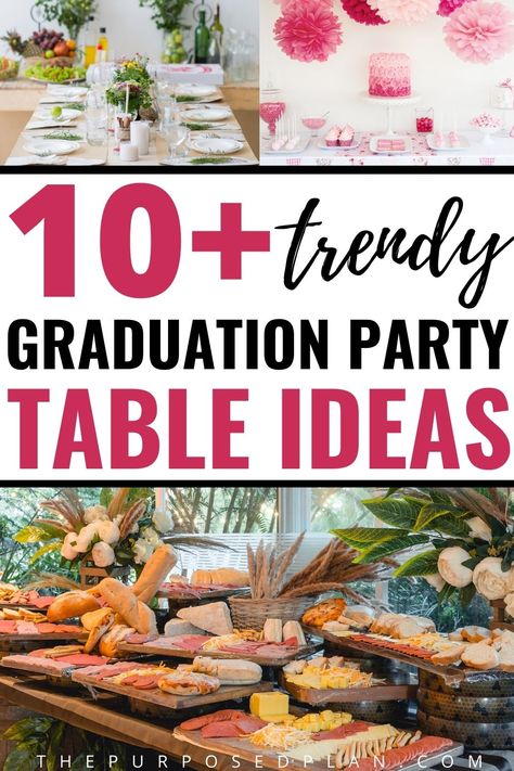 Cute graduation party table ideas for an epic grad party! Table Centerpiece For Graduation Party, Table Decor Graduation Party, Simple Graduation Table Decorations, Grad Tables Ideas, High School Graduation Party Table Decor, Simple Graduation Party Decorations, College Graduation Table Ideas, Simple Grad Party Centerpieces, Graduation Tables Ideas