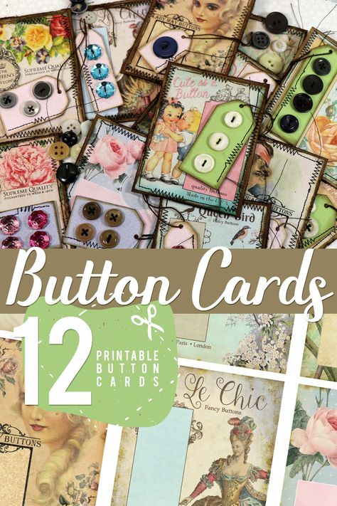 12 Printable vintage styled button cards.  Each card is approx 3x4 inches.  This size would be  perfect for scrapbooking, junk journaling and of course decoratively  storing your vintage buttons.  #JunkJournalIdeas #SewingEphemera #Ephemera #VintageButtonCards Create My Own Logo, Specimen Cards, Junk Journal Folio, Printable Ephemera, Ink Crafts, Fancy Buttons, Journal Printable, Button Cards, Card Making Tutorials