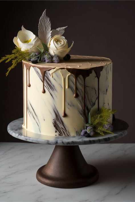 A one-tiered minimalist marble cake with a marbled effect on the buttercream frosting. Perfect for a modern and elegant wedding Wedding Cakes One Tier, Vanilla And Chocolate Cake, Cake With Layers, One Tier Cake, Chocolate Marble Cake, Cake Design For Men, Two Tier Cake, Small Wedding Cakes, Simple Cake Designs