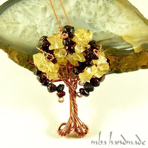 Crystals Tree, Wire Wrapped Tree Of Life, Wire Wrapped Tree, Artisan Jewelry Necklaces, Natural Gemstone Necklace, Lapis Lazuli Crystal, Garnet Crystal, Crystal Tree, Handcrafted Artisan Jewelry