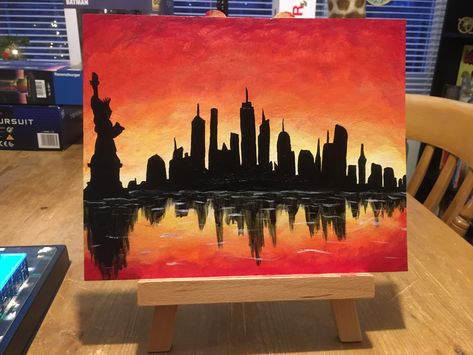 Acrylic painting of NYC skyline in silhouette. Skyline Canvas Painting, Acrylic Painting New York, Easy Nyc Painting, Nyc Painting Acrylic, Skyline Painting Acrylic, Skyline Painting Easy, Painting Acrylics Easy, City Painting Acrylic Easy, Nyc Skyline Painting