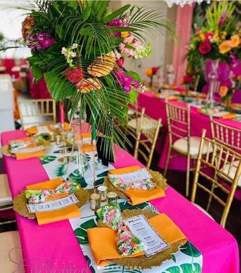 Tropical Theme Party Centerpieces, Summertime Party Theme, Tropical Birthday Party Ideas For Women, Luau Party Table Decorations, Tropical Glam Decor Party, Hawaii Centerpiece Ideas, Sweet 16 Tropical Theme Party Ideas, Hawaiian Quinceanera Theme, Endless Summer Party