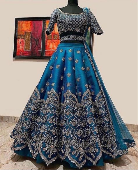 Peacock Blue Lehenga, Lehenga For Girls, Lehenga Saree Design, Raw Silk Lehenga, Beading Embroidery, Indian Outfits Lehenga, Long Gown Design, Wedding Lehenga Designs, Lehenga Designs Simple