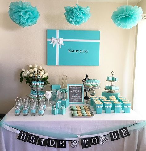 Bridal Shower Breakfast At Tiffanys, Tiffany And Co Party, Bridal Shower Breakfast, Tiffany Blue Bridal Shower, Tiffany Theme Party, Breakfast At Tiffanys Party Ideas, Tiffany Blue Party, Tiffany Themed Bridal Shower, Tiffany Birthday Party