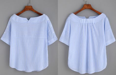 Blue Stripe Boat Neck Blouse With Buttons Boat Neck Blouse Pattern, Ladies Suit Design, Simple Boat, Smart Casual Women Outfits, Blouse With Buttons, Old Clothes Refashion, Boat Neck Blouse, Sewing Blouses, Simply Dresses