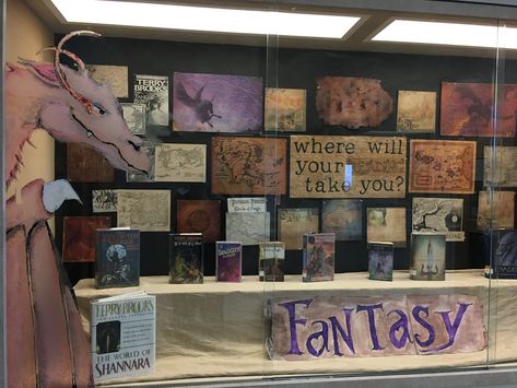 Library display Fantasy where will your reading take you fantasy lands Scifi Decor, Fantasy Library, Light Fest, Reading Display, School Library Displays, Stall Display, Library Book Displays, High School Library, Alien Drawings