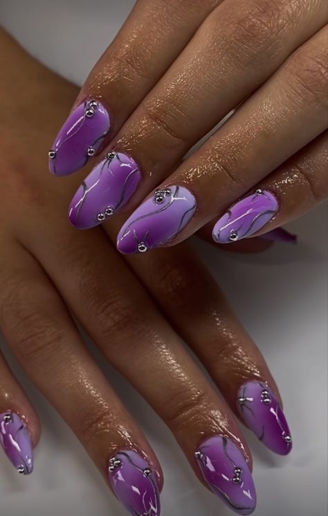 Purple Mix And Match Nails, Purple Butterfly Nail Designs, Purple Aesthetic Nails, Purple Butterfly Nails, Butterfly Nail Designs, Purple Nail Art, G Nails, School Shorts, Long Acrylic Nail Designs