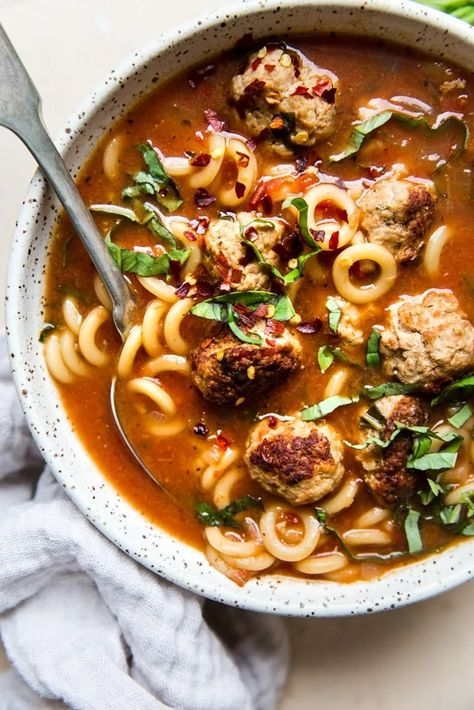 Italian Meatball Soup | The Modern Proper Meatball Noodle Soup, Pork Meatball Soup, Broth Noodles, Meatballs Soup, Slow Cooker Meatballs Italian, Pesto Meatballs, Italian Meatball Soup, Italian Pork, Tiny Pasta