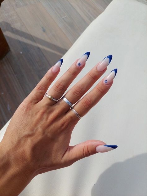 Acrylic Nails Evil Eye Design, Greek Style Acrylic Nails, Nails With Turkish Eye, Turkish Eye Acrylic Nails, Turkish Evil Eye Nails, Nails With Eye Design, Turkish Blue Nails, Turkish Nails Designs, Nail Inspo Summer Blue