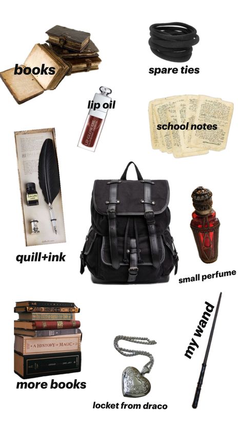 School bag :) Hogwarts Bag, Dark Academia School, Dark Royalty Aesthetic, Academia Aesthetic Outfit, Everyday Bag Essentials, Harry Potter Girl, Hogwarts Dr, Quill And Ink, School Bag Essentials