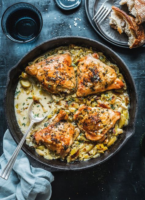 Creamy Orzo Chicken, Chicken And Leeks, Dijon Mustard Chicken, Creamy Orzo, Tarragon Chicken, Chicken Baked, One Skillet, Mustard Chicken, Roasted Asparagus