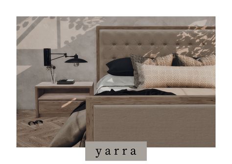 The Sims 4 Bedroom Cc, Sims 4 Beds, Sims 4 Patreon, Sims 4 Bedroom, Gorgeous Interiors, Tufted Headboard, Wood Nightstand, Wood Beds, Sims 4 Cc