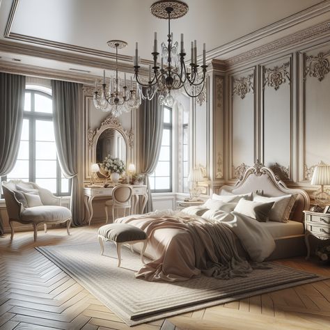 It must include a large bed with an ornate headboard, luxurious bed linens, tall French windows allowing in ample natural light, and a classy color palette. Antique furniture pieces, such as a vanity table and a chaise lounge, should be included. The design should incorporate soft, romantic elements, modern minimalistic touches, and artful accents. This image should serve as a valuable source of inspiration for a home remodeling project. Versailles Inspired Bedroom, Sims Chateau, Old Money Bedroom Aesthetic, Bedroom Old Money, French Bedroom Aesthetic, Elegant Bedroom Ideas Luxury, Royal Luxury Bedroom Design, Castle Bedrooms, Romantic French Bedroom