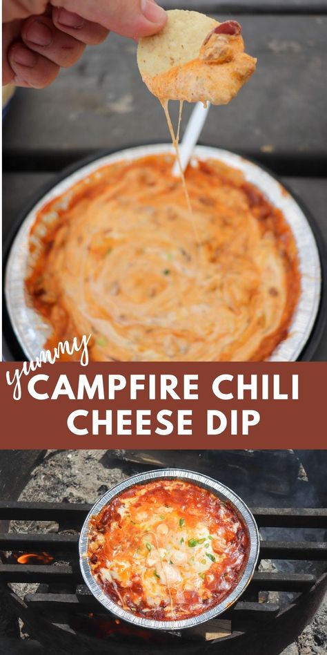 Camping Meal Plan, Chili Cheese Dip Recipes, Campfire Chili, Campfire Snacks, Chili Cheese Dip, Camping Meal Planning, Camping Meal, Outdoor Cooking Recipes, Cheese Dip Recipe