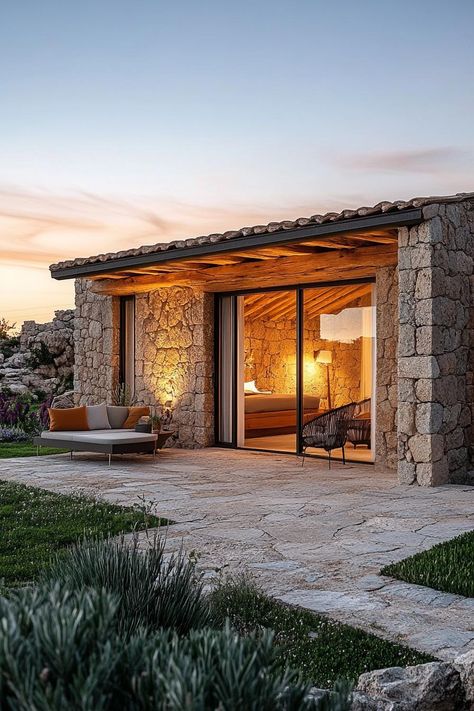 Modern Sardinian stone cottage. Check out all of these charming Italian houses that will inspire your next home project with rustic elegance and Mediterranean flair. Modern Italian Villa, Small Stone House, Modern Cottage Homes, Italian Style Home, House Mediterranean, Bungalow Style House Plans, Mediterranean Style Homes, House Design Pictures, Small House Design Plans