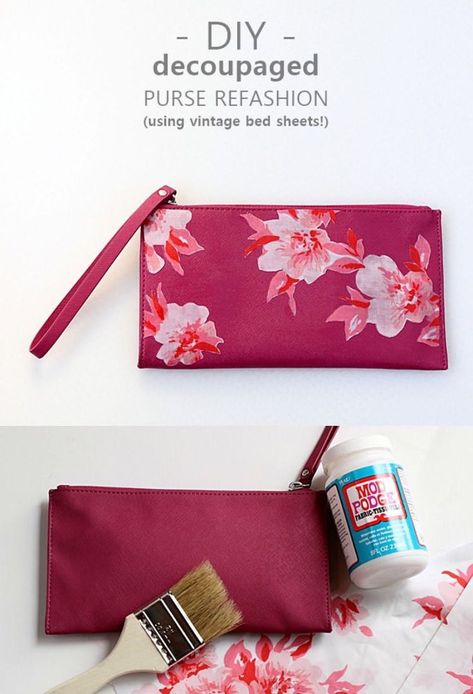 Use a vintage sheet and Mod Podge in this fabulous DIY purse refashion – it's such an easy NO SEW craft project, and very budget friendly! Use this tutorial to upcycle any size of purse or bag. Purse Refashion, Diy Purse Organizer, Diy Coin Purse, Purse Decorations, Embellished Purses, Painted Purse, Mod Podge Crafts, Budget Crafts, Handpainted Bags