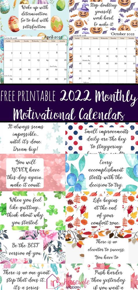 FREE Printable 2022 Monthly Motivational Calendars. Space for setting goals, different motivational quote each month, holidays marked. Get motivated and organized with this free printable calendar. Printables Organizational, Free Printable Calendars, Printable Calendars, Unique Calendar, 2020 Calendar, School Calendar, Christian Cards, Printable Calendar Template, Blank Calendar