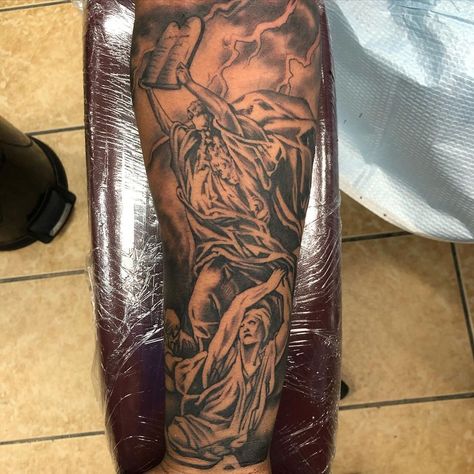 Moses Tattoos For Men, Biblical Tattoos Sleeve, Masculine Tattoos Men, Moses Tattoo, Samson Tattoo, Moses Red Sea, Houston Tattoos, Biblical Tattoos, Masculine Tattoos