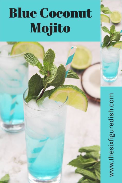 This Blue Coconut Mojito is the ultimate summer time cocktail! Spice up your usual happy hour with a blue mojito and enjoy! #happyhour #cocktails #mojito Gsm Blue Mojito, Blue Mojito, Cocktails Summer, Coconut Mojito, Lotus Tea, Coconut Drinks, Mojito Cocktail, Fancy Drinks, Blue Curacao