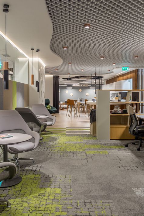 Facebook Office Interior, Mail Room Interior Design, Large Ceiling Design, Informal Meeting Space, Open Ceiling Office Design, Office Lobby Ceiling Design, Open Office Ceiling Design, Corporate Office Ceiling Design, Corporate Ceiling Design