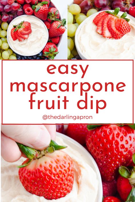 You'll only need 4 ingredients and 5 minutes to make this Easy Mascarpone Fruit Dip. This dip uses mascarpone cheese in place of cream cheese and maple syrup to achieve the perfect amount of sweetness. Pair with fresh fruit for a delicious snack or appetizer! Marzetti Cream Cheese Fruit Dip Recipe, Mascarpone Fruit Dip, Marscapone Dip Recipes, Fresh Fruit Dip, Mascarpone Dip Recipes, Dip Recipies, Fruit Dip With Cream Cheese, Easy Fruit Dip, Cream Cheese Fruit Dip