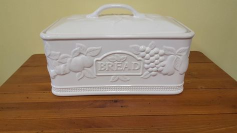 Vintage Ceramic White European Bread Box Made In Portugal - Fruit Design | #1814879162 Ceramic Bread Box, European Bread, Thrift Ideas, Bread Holder, Fruit Bread, Bread Boxes, Bread Box, Nigella Lawson, Green Fruit