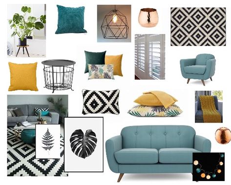 Finally decided on the main elements, colours, patterns and textures for the living room and made this mood board using Canva. The teal sofas have just been ordered and will look great with the existing grey one. I love the ochre, teal and grey colours, the geometric monochrome with the soft leafy prints and copper and black metal accessories. The room should be done in a month. Can't wait! Living Room Decor Mustard And Grey, Teal Mustard Living Room, Teal Palette Living Room, Black White Brown Teal Living Room, Soft Teal Sofa, Teal And Mustard Living Room Ideas, Black Grey And Turquoise Living Room, Living Room Designs Teal And Grey, Teal Sofas Living Room Ideas