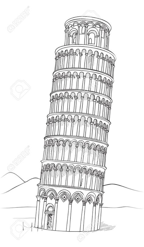 Leaning Tower Of Pisa Sketch, Historical Monuments Drawing, Pisa Tower Drawing, Pisa Tattoo, Leaning Tower Of Pisa Drawing, Landmark Drawings, Italy Leaning Tower Of Pisa, Italy Drawing, Pisa Cathedral