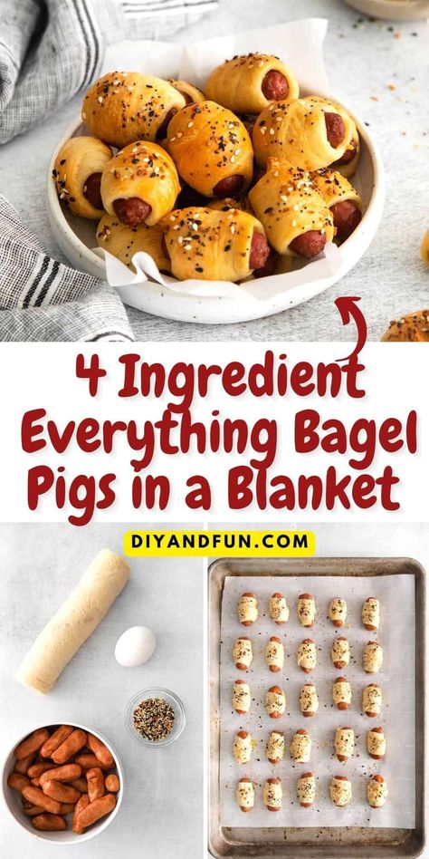 4 Ingredient Everything Bagel Pigs in a Blanket, a simple and delicious appetizer or snack recipe seasoned with everything bagel seasoning. #easyrecipe #appetizers #kidsfood #lunch #snackrecipe Everything Bagel Seasoning Recipes Snacks, Sausage In A Blanket, Bagel Dogs, White Chocolate Snack Mix, Everything But The Bagel, Everything Bagel Seasoning, Bagel Dog, Bagel Seasoning, Appetizer Ideas