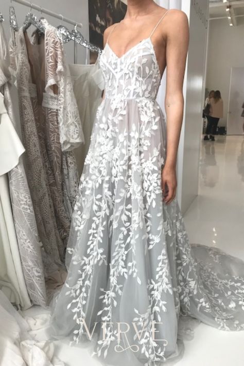 The Boho Bride Steps Aside: 2020 Bridal Fashion Trends | Verve Event Co. Grey Lace Wedding Dress, Silver Wedding Dress Lace, White And Grey Wedding Dress, Grey Beach Wedding Dress, Charcoal Wedding Dress, Simple Colored Wedding Dresses, Boho Empire Waist Wedding Dress, Grey White Wedding Dress, Wedding Dress With Grey Undertone