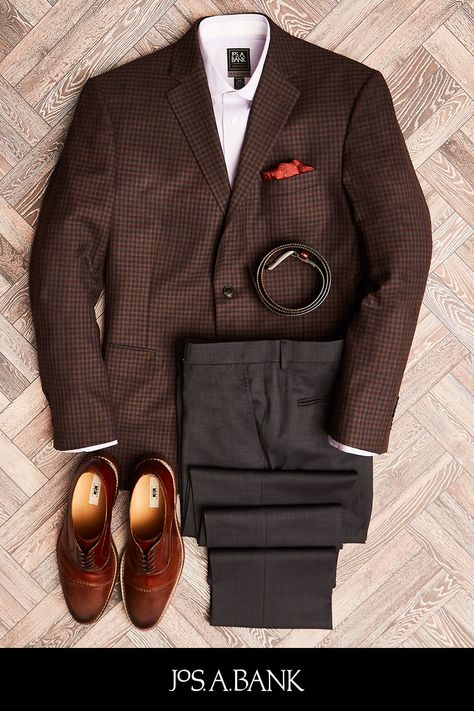 Crisp white dress shirt, grey trousers, brown plaid sport coat, cognac dress shoes aka the perfect holiday party look brought to you by the #JosABank Traveler Collection. Dress Shoes Men Outfit, Shoes Men Outfit, Sport Coat Outfit, Brown Sport Coat, Mens Suit Style, Brown Outfits, Mens Casual Suits, Gentlemen Wear, Mens Business Casual Outfits