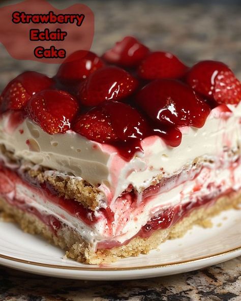 Lisa in the Kitchen Eclair Cake No Bake, Strawberry Eclair Cake, Eclair Cakes, Lemon Eclair, No Bake Chocolate Eclair Cake, Strawberry Eclair, Refrigerator Desserts, Cheesy Snacks, Eclair Dessert