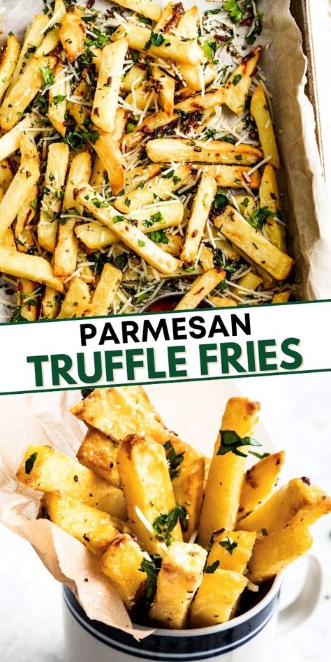 Who needs fast food when you can make your own parmesan truffle fries? These garlicky, crispy baked fries are coated in truffle oil and tossed with grated parmesan cheese and fresh parsley. They are so easy to make and you don’t even need a deep fryer! Tallow Fries, Truffle Fries Recipe, Diethood Recipes, Easy Taco Salad Recipe, Parmesan Truffle Fries, Truffle Recipes, Parmesan Fries, Crispy Fries, Homemade Fries