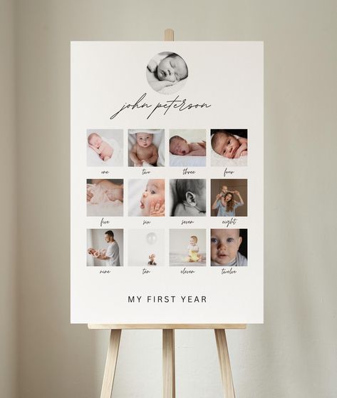 Minimalist First Birthday, Birthday Photo Board, 1st Birthday Photo Collage, Baby First Year, Birthday Milestone Board, 1st Birthday Photo, Birthday Photo Collage, Milestone Board, First Birthday Photo