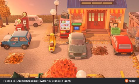 Acnh Gas Station Ideas, Acnh Cars, Acnh Gas Station, Acnh Citycore, Car Station, Acnh Ideas, Animal Crossing Villagers, New Animal Crossing, Animal Crossing Game